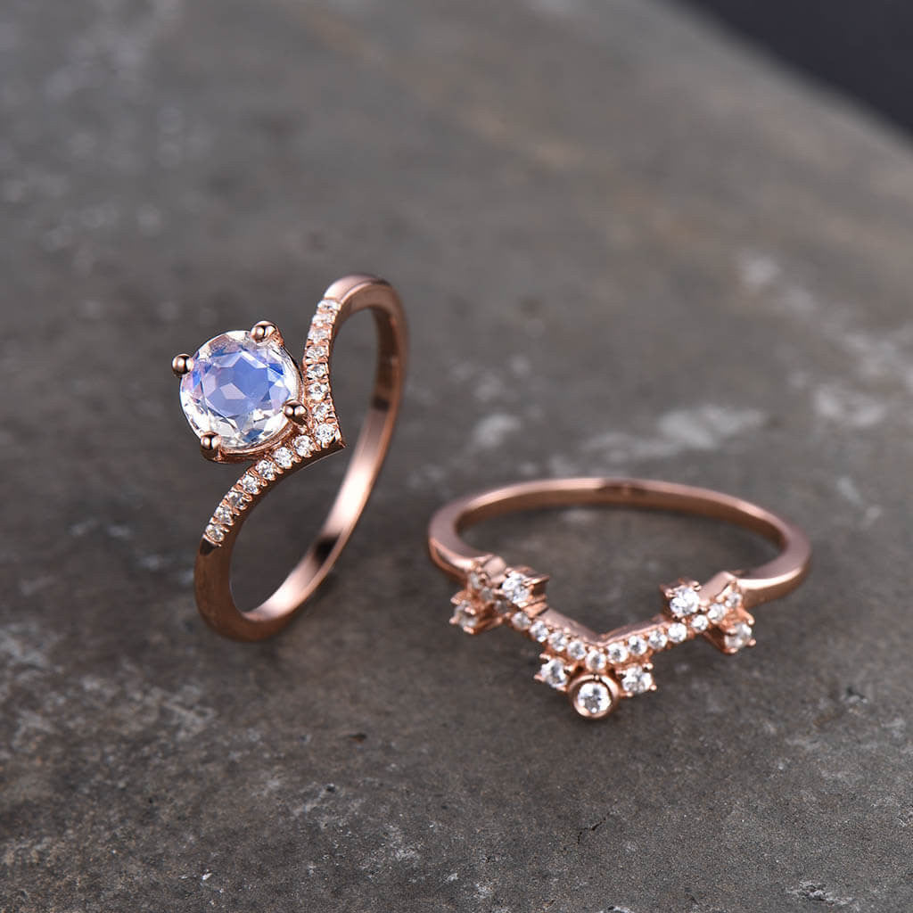 14K/18K Rose Gold Rainbow Moonstone Diamond Engagement Ring Wedding Set for Women – Elegant Bridal Jewelry for Proposals, Anniversaries & Special Occasions