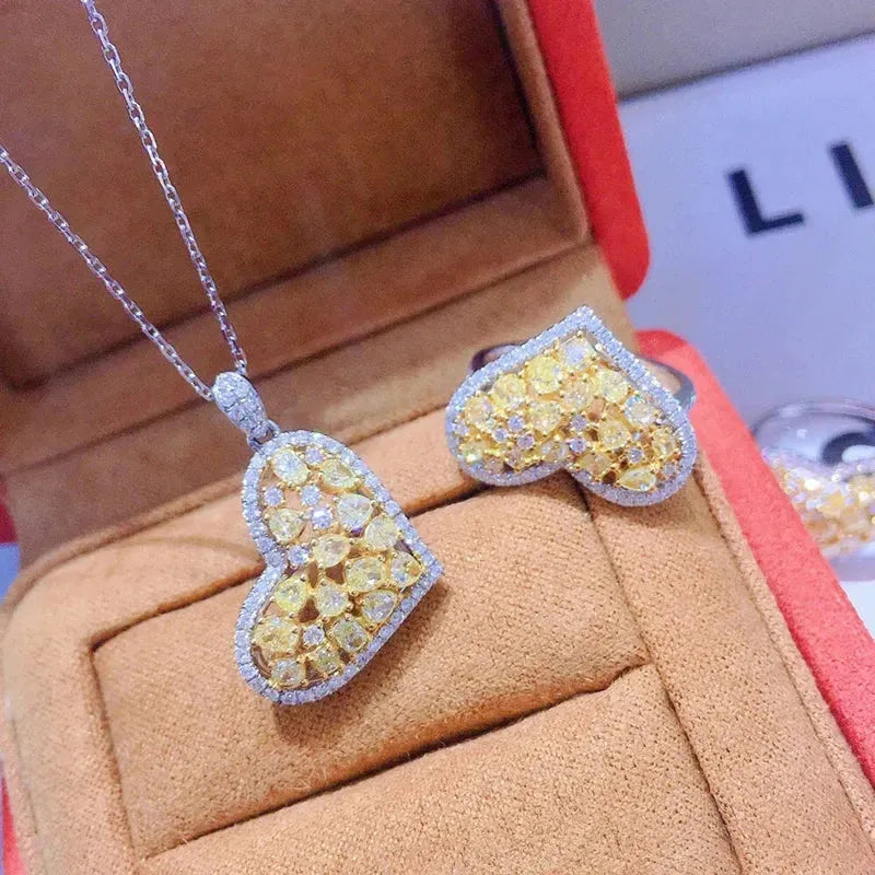 18K White Gold Real Yellow Diamond Heart Pendant Necklace for Women - 18 Inch Au750 Jewelry Set, Perfect Gift for Anniversary, Valentine's Day & Special Occasions