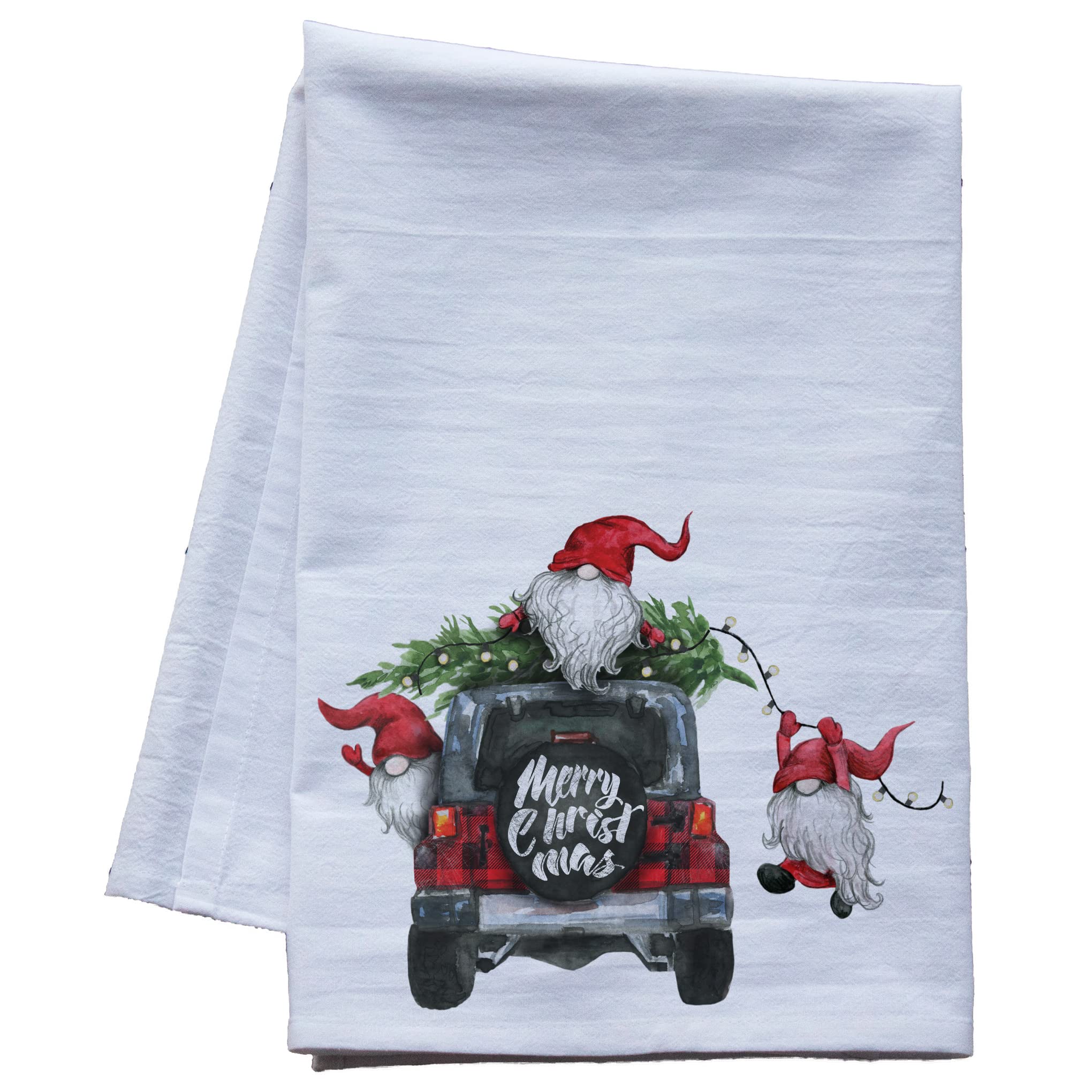 Festive Christmas Flour Sack Dish Towels - Holiday Kitchen Tea Towels Set for Xmas Decor (Merry Christmas Jeep Gnomes) - Perfect for Holiday Baking, Gift Wrapping & Festive Home Decor