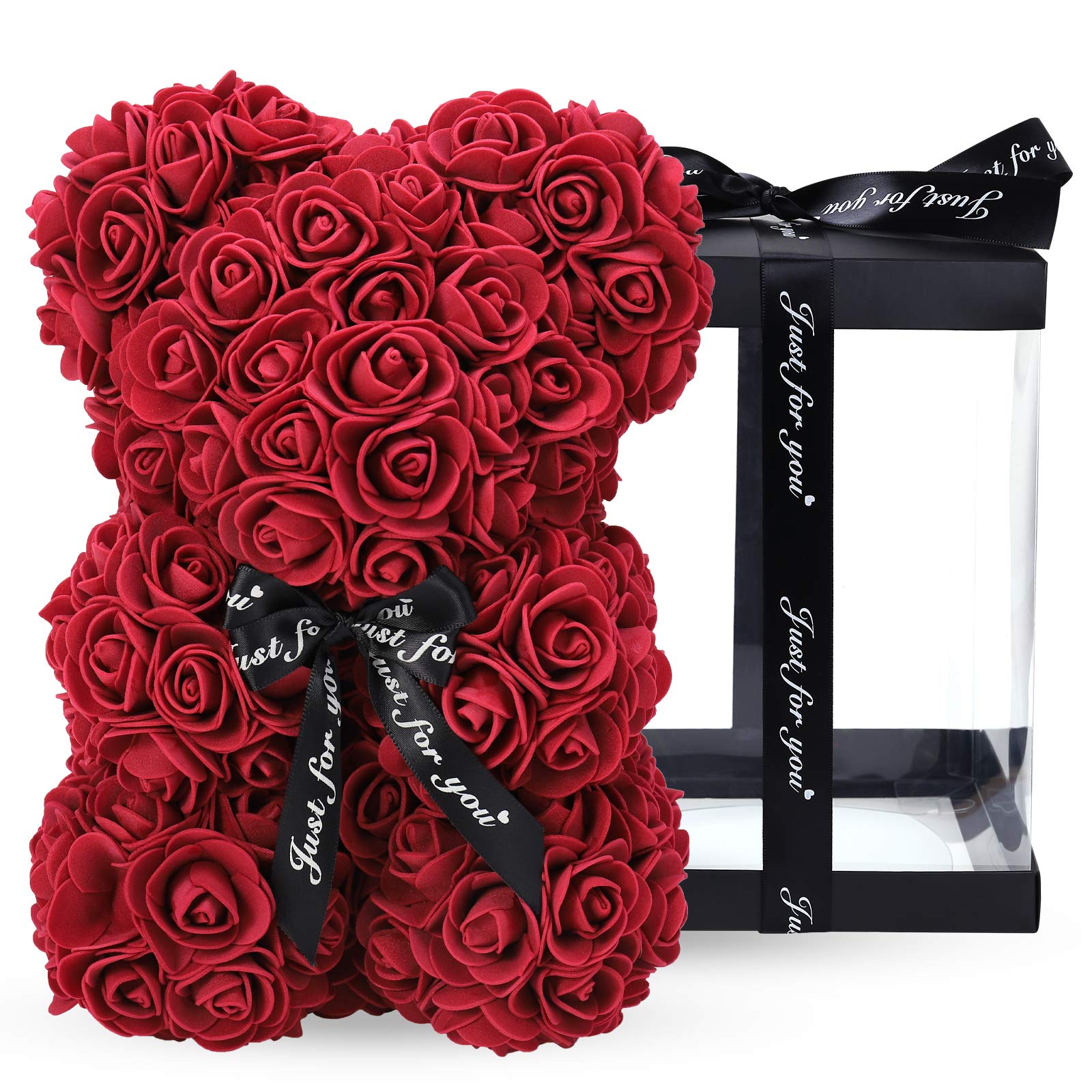 LINKLO 10-inch Rose Teddy Bear - Artificial Rose Flower Bear with Transparent Gift Box, Romantic Gift for Wedding, Mother's Day & Anniversary (Deep Red) | Perfect for Valentine's Day, Birthday Surprises & Home Decor