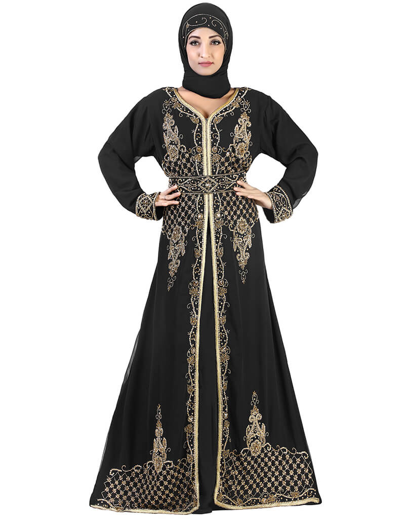 Elegant Black Georgette Kaftan with Hand Zari Embroidery - Perfect for Parties, Weddings & Special Occasions