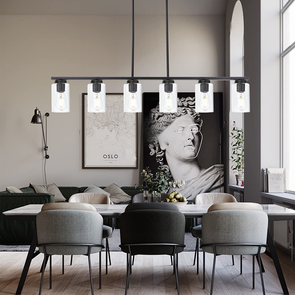 Black 6-Lights Kitchen Island Pendant Lighting with Clear Glass Shades - Farmhouse Style Hanging Light Fixture for Dining Room, Living Room & Kitchen Island - Perfect for Rustic Home Decor and Modern Farmhouse Interiors
