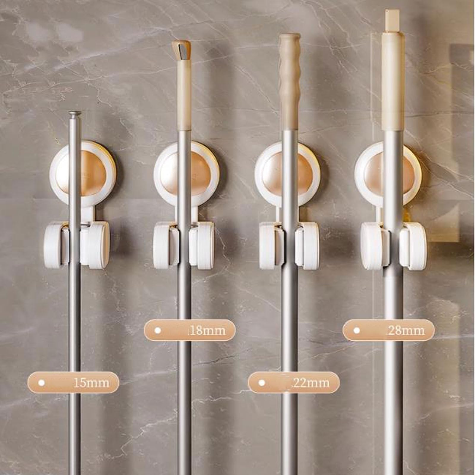 3-Pack Wall Mount Broom Holder with Suction Cups - Heavy Duty Mop and Broom Organizer for Kitchen, Garage, Bathroom Storage - Space Saving Cleaning Tool Hanger for Brooms, Mops, Dustpans