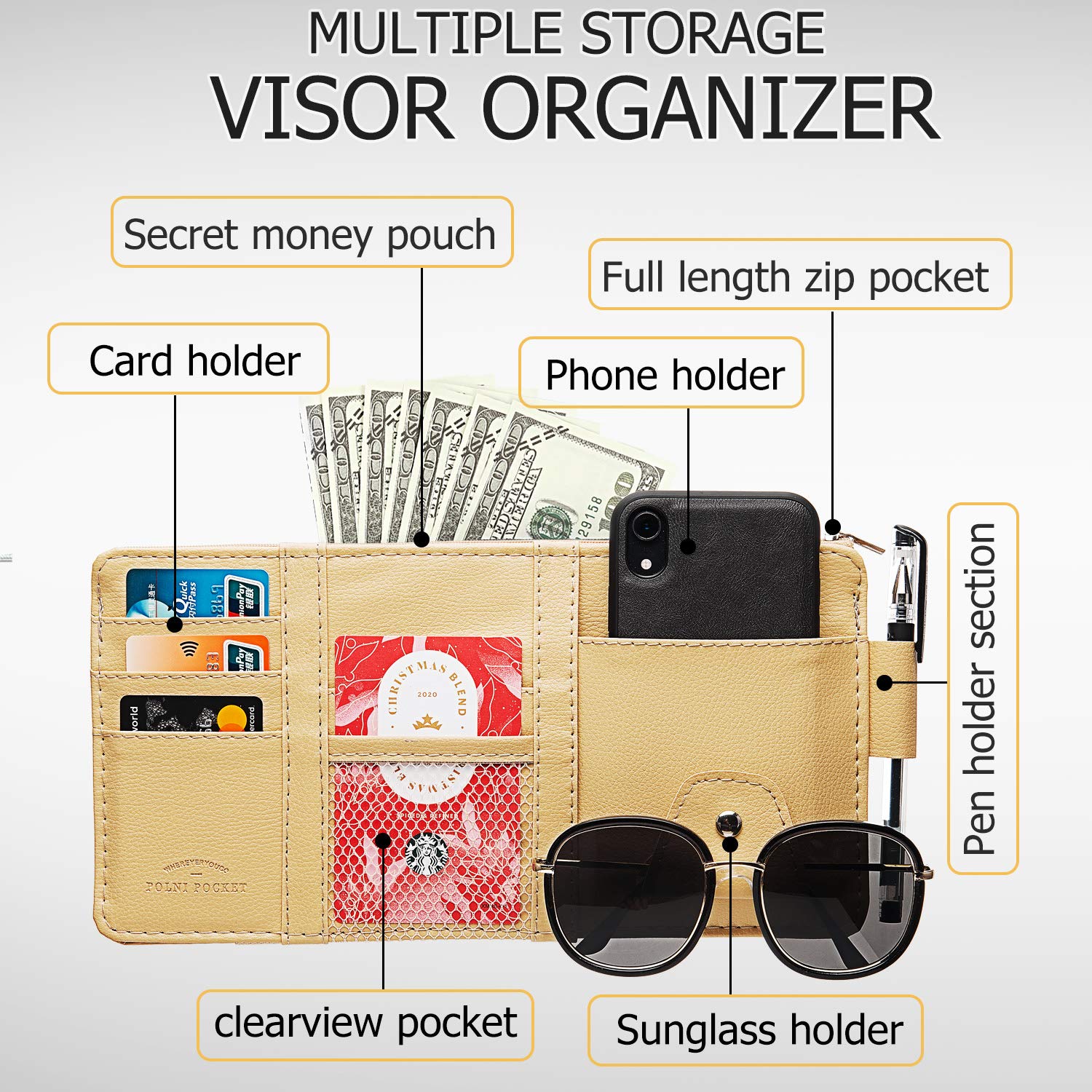 Boao Car Sun Visor Organizer - 2 Pack PU Storage for Sunglasses & Documents - Travel & Commute Use