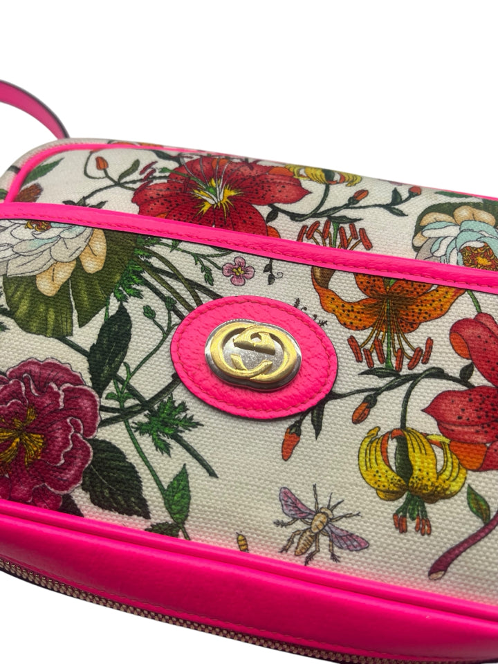 Gucci Floral Print Shoulder Bag in White & Fuchsia - Elegant Crossbody Purse for Women, Perfect for Date Nights, Parties & Daily Use