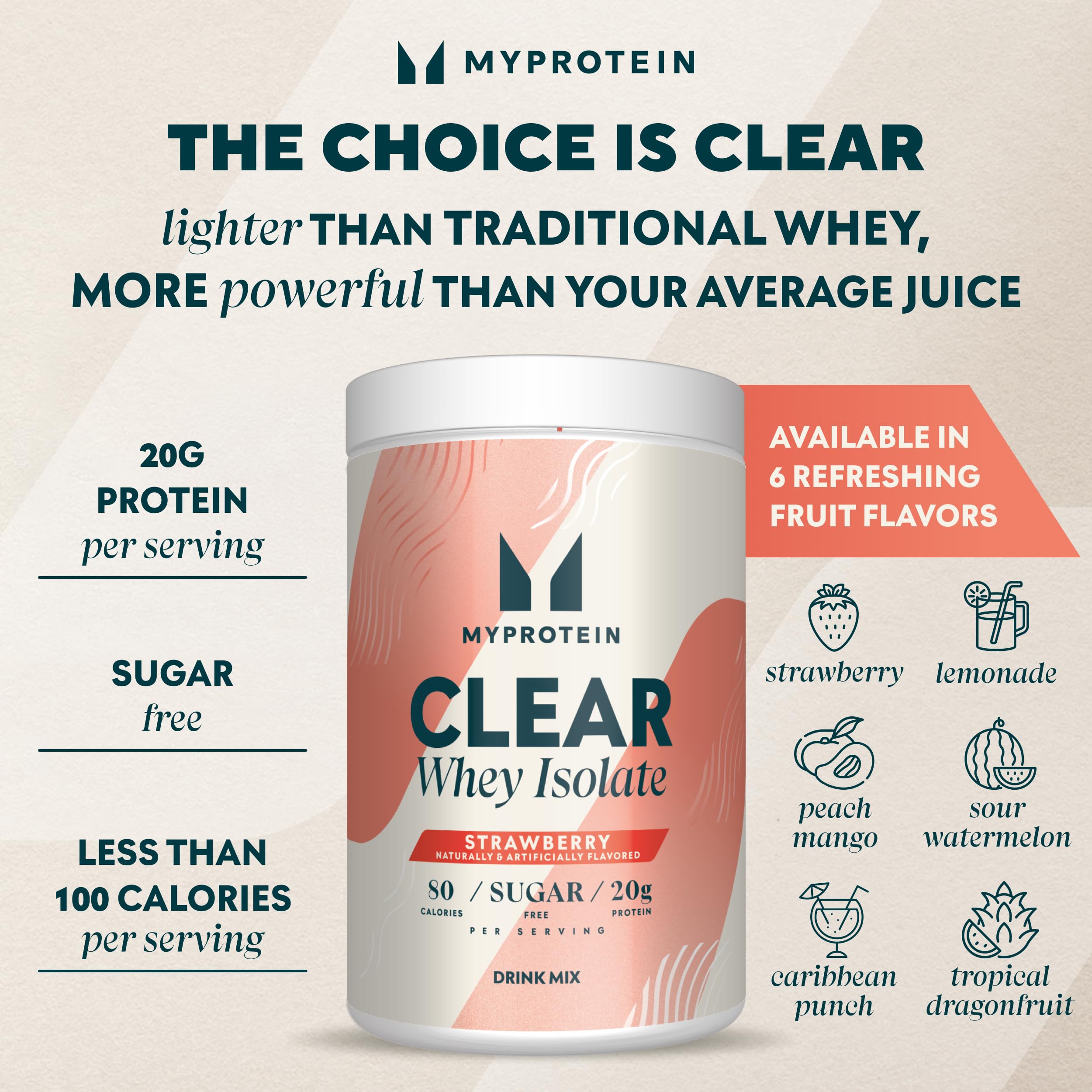 Myprotein Clear Whey Isolate Protein Powder - 1.1 Lb (20 Servings) Strawberry Flavor, 20g Protein per Serving, Naturally Flavored, Low Sugar, Post-Workout Recovery Drink Mix for Gym, Fitness & Weight Loss