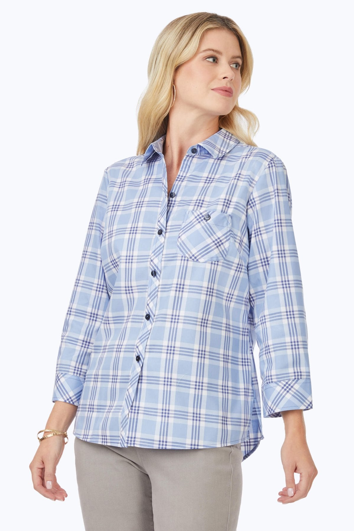 Hampton Blue Plaid 3/4 Sleeve Casual Shirt for Men | Stylish Button Down Top for Office, Date Night & Outdoor Activities