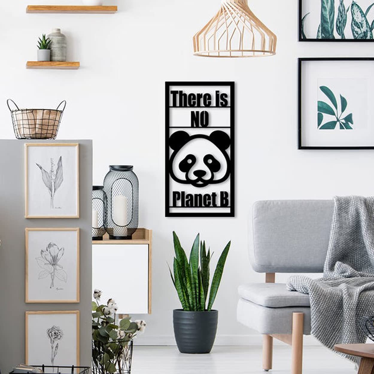 LaModaHome Metal Wall Art - Planet Panda Black Wall Decor for Living Room, Bedroom, Kitchen & Bathroom | Indoor & Outdoor Decoration | Modern Wall Hanging for Home & Office Spaces