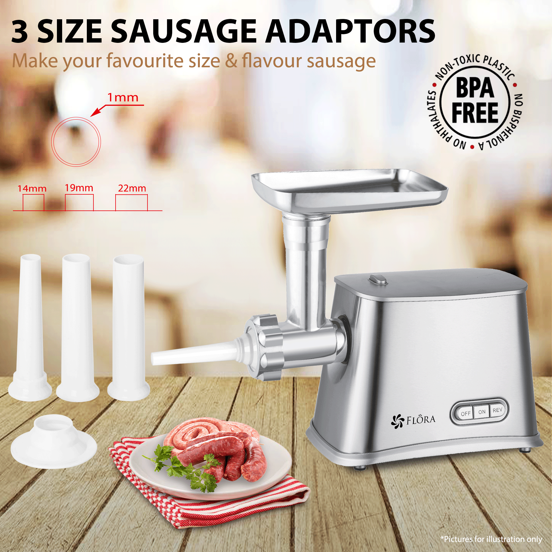 Flora Max 2800W Electric Meat Grinder - Sausage Stuffer, Kibbeh Maker, Food Slicer & Shredder Kit (Model FL MGM GS550) - Perfect for Home Kitchen, Butcher Shop & BBQ Parties