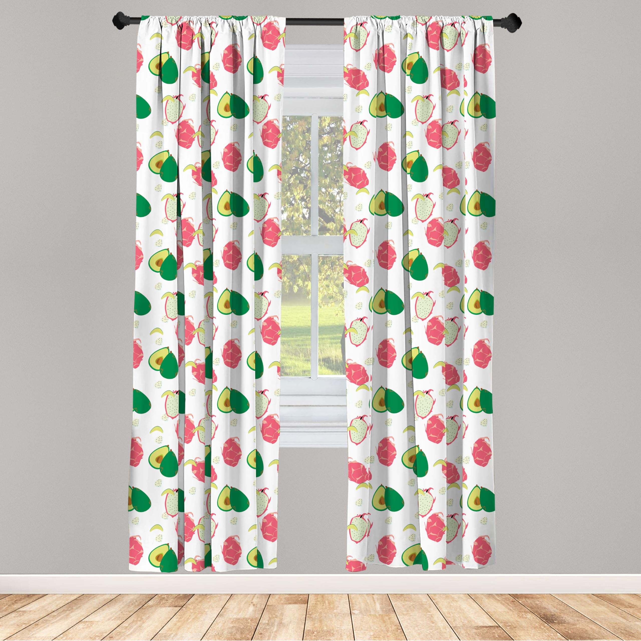 Ambesonne Tropical Window Curtains - Exotic Dragon Fruit & Avocado Print, Lightweight 2-Panel Set with Rod Pocket, 28