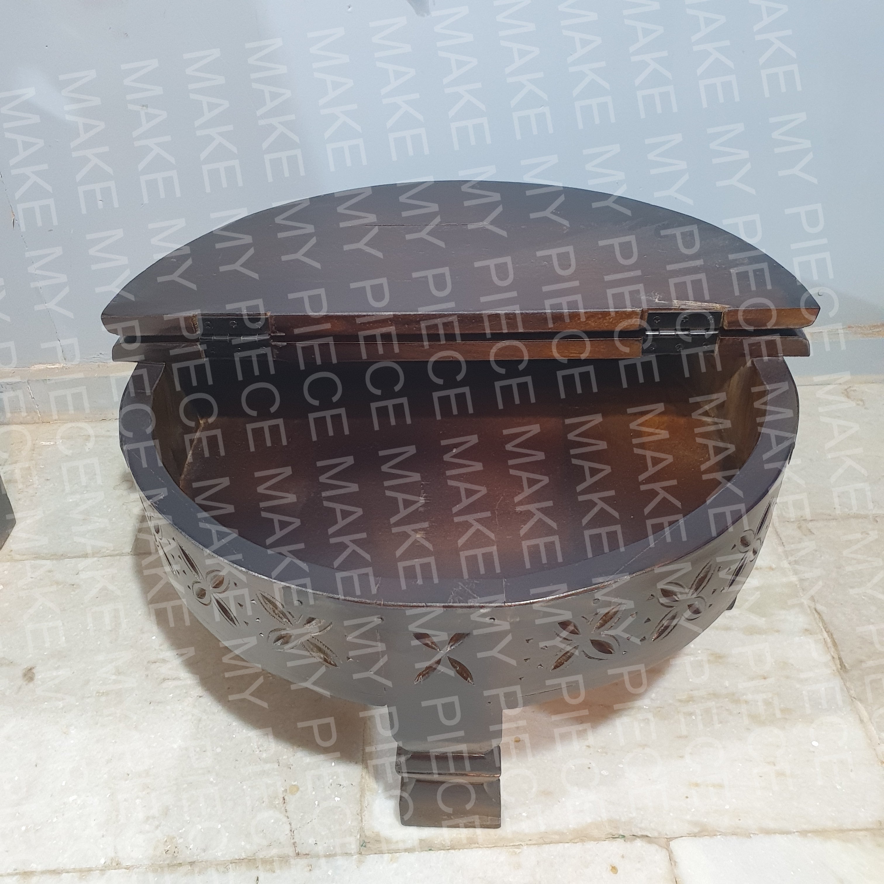 FARHANA Tribal Grinder Round Coffee Table - Dark Brown Wooden End Table with Carved Design for Living Room, Lounge & Home Decor