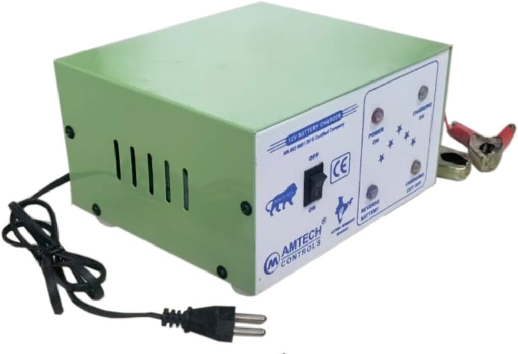 Amtech Controls 7A Auto Cut Battery Charger for Cars, Motorcycles & Boats - Smart Charging Protection (Pack of 1) | Ideal for Home Garage, RV Maintenance & Marine Applications