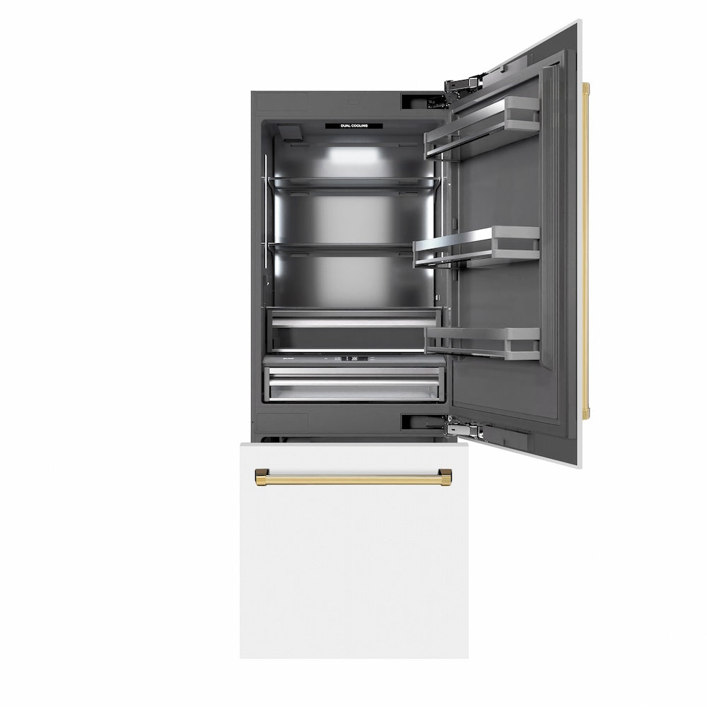 ZLINE Autograph Edition 30 Inch Built-In Bottom Freezer Refrigerator - 16.1 cu ft Capacity, Water Dispenser & Ice Maker - White Matte Exterior with Graphite Gray Interior & Polished Gold Accents (GRBIVZ WM 30 G) - Perfect for Modern Kitchens, Open Concept Homes & Luxury Appliances Collection