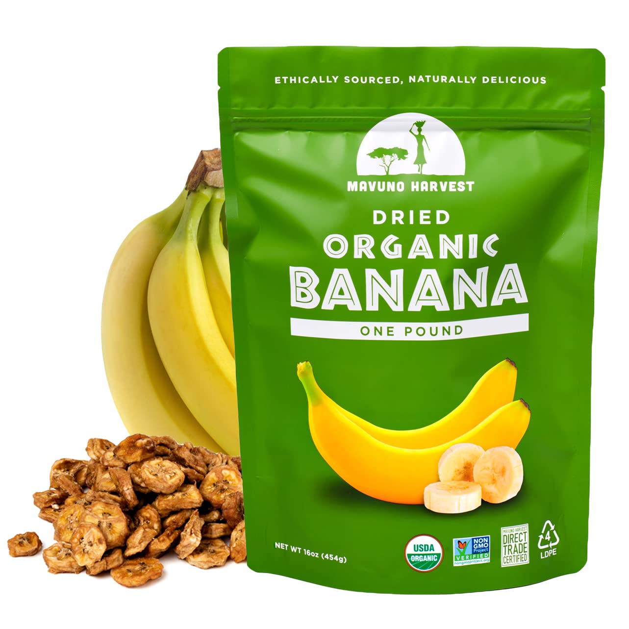Organic Dried Banana Chips - Healthy Vegan Snacks for Kids & Adults | Unsweetened, Gluten Free, Non-GMO | 1 Pound Bag | Perfect for Lunchboxes, Hiking, and Office Snacking