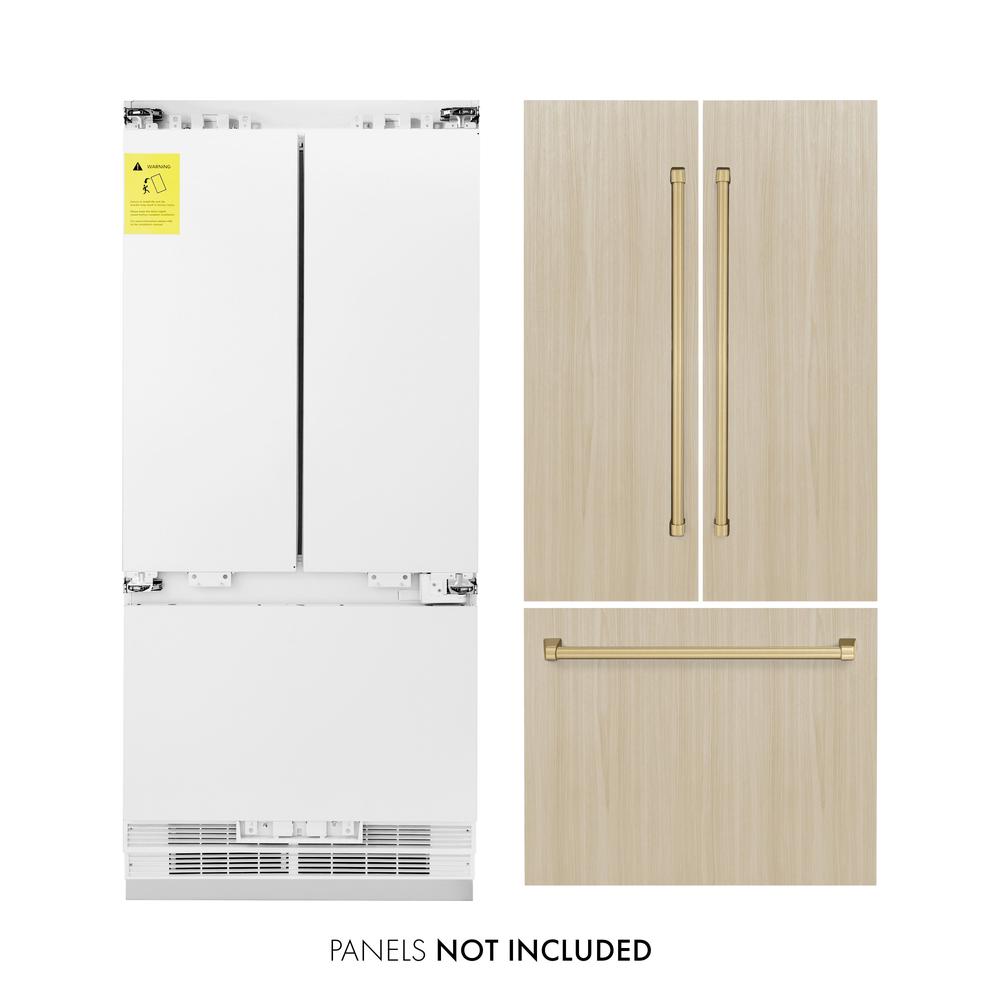 ZLINE Autograph Edition 36 Inch Panel Ready French Door Refrigerator - 19.6 cu ft Built-In Bottom Freezer with Ice Maker & Water Dispenser - Champagne Bronze Accents (RBIVZ 36 CB) - Perfect for Modern Kitchens & Luxury Homes