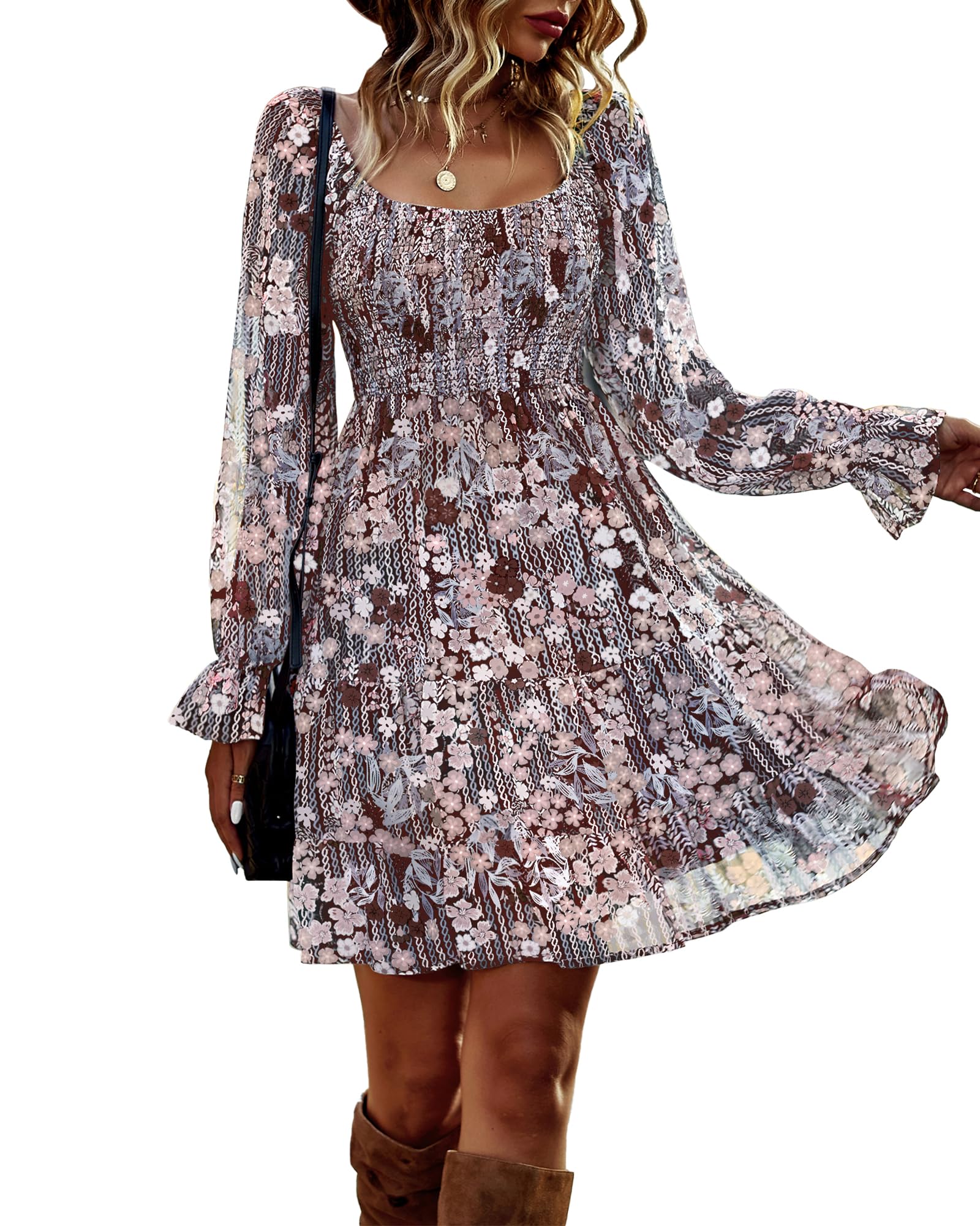 BTFBM Women's Floral Swiss Dot Smocked Mini Dress - Square Neck Long Sleeve Boho Dress for Wedding Guest, Spring & Summer 2025 | Perfect for Garden Parties, Bridal Showers & Date Nights