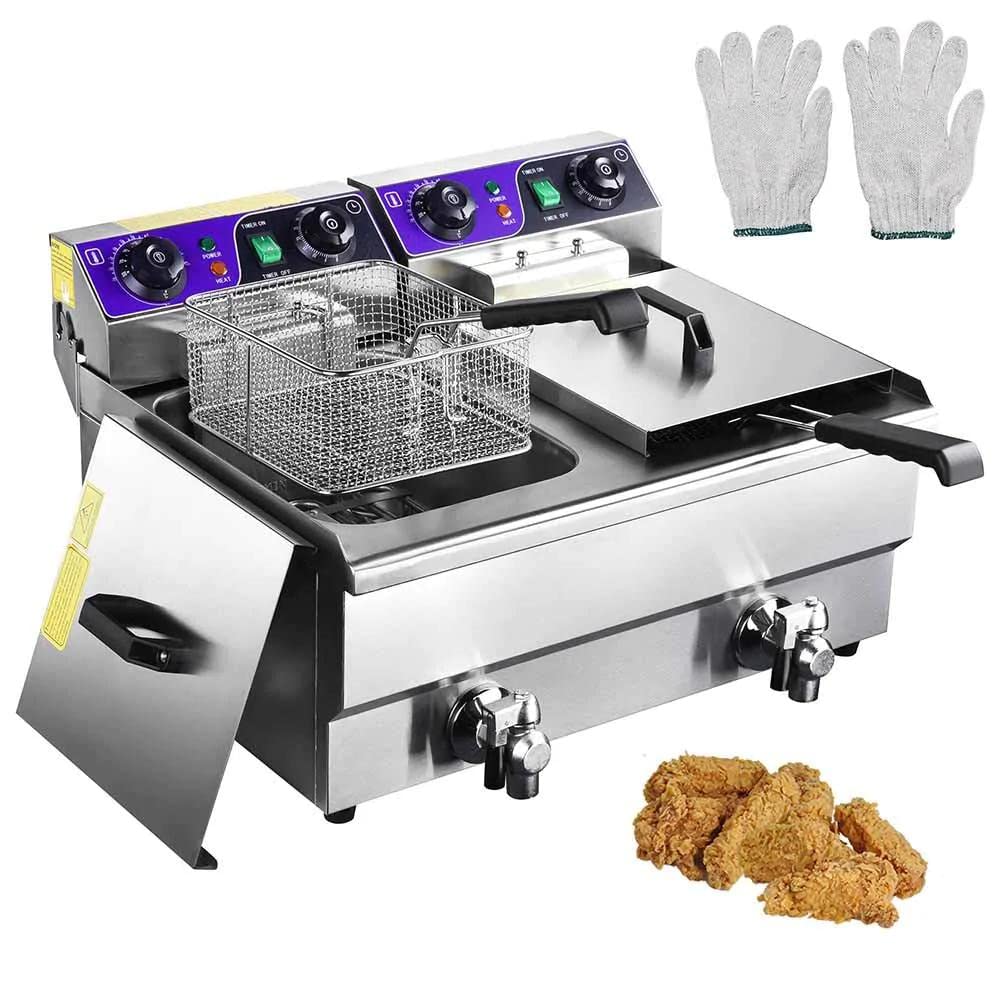 Commercial Grade 20L Dual Tank Stainless Steel Electric Deep Fryer with Drain Timer & Baskets - Perfect for Restaurants, Food Trucks and Large Family Gatherings