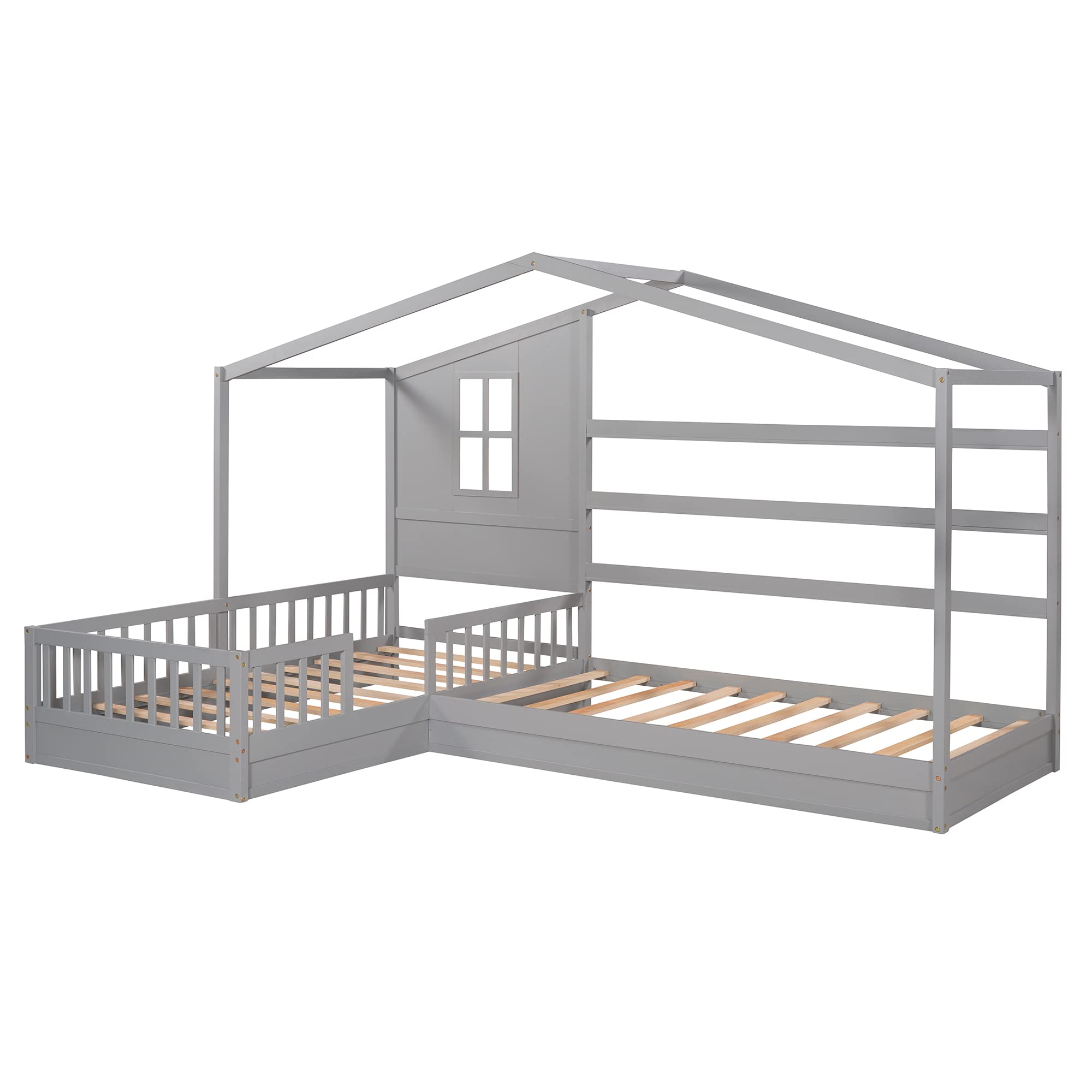 MERITLINE L-Shaped Twin Beds for Kids - Wooden Bunk Beds with Safety Fence & Playhouse Roof - Space-Saving Corner Bedroom Furniture for Siblings - No Box Spring Needed (Gray) - Perfect for Shared Kids' Rooms & Small Spaces