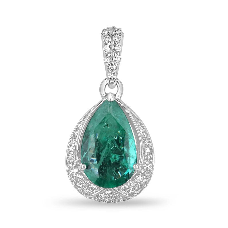 14K White Gold Pear Cut Natural Emerald & Diamond Accent Floral Pendant Necklace (3.37tcw) - Elegant Jewelry for Weddings, Anniversaries & Special Occasions