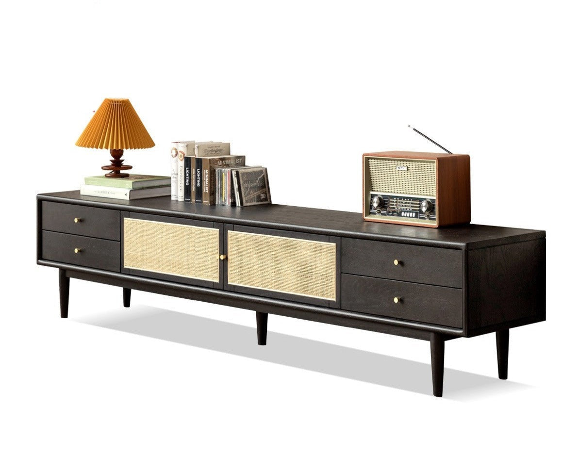 Solid Oak Wood Rattan TV Stand with 4 Drawers - Smoked Finish for Living Room, Bedroom & Home Theater Storage