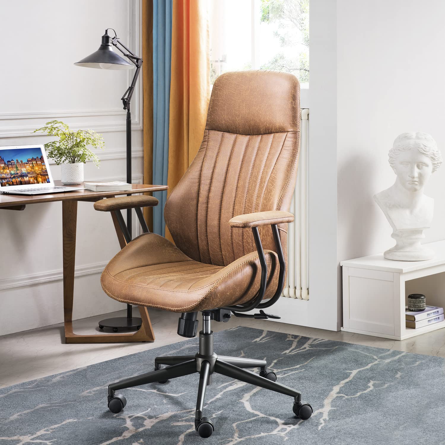 Ergonomic High Back Office Chair - Modern Suede Fabric Computer Desk Chair for Home & Executive Office - Comfortable & Adjustable for Long Hours of Work (Brown) - Perfect for Remote Work, Gaming & Study Sessions