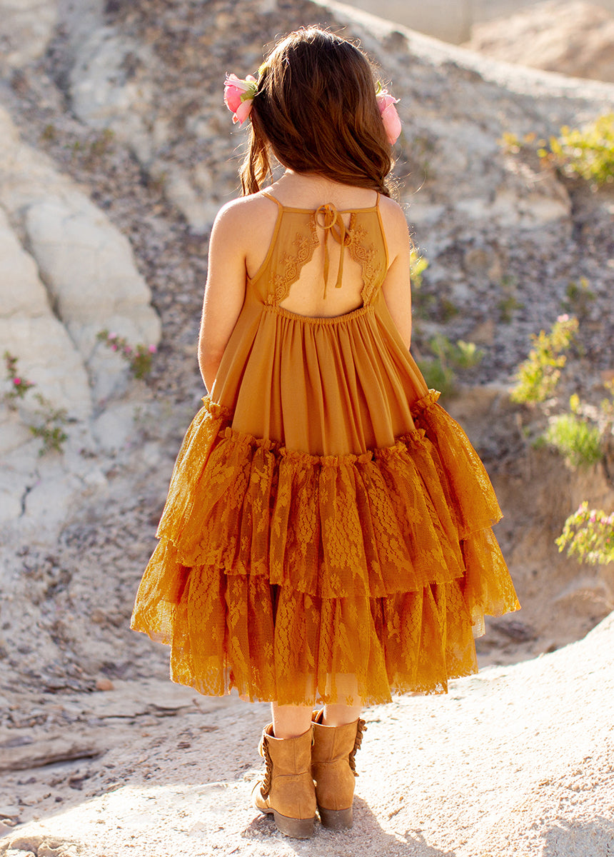 Catrina Dress in Marigold - Mexican Folkloric Floral Maxi Dress for Women | Perfect for Day of the Dead Celebrations, Halloween Costumes & Latin Festivals