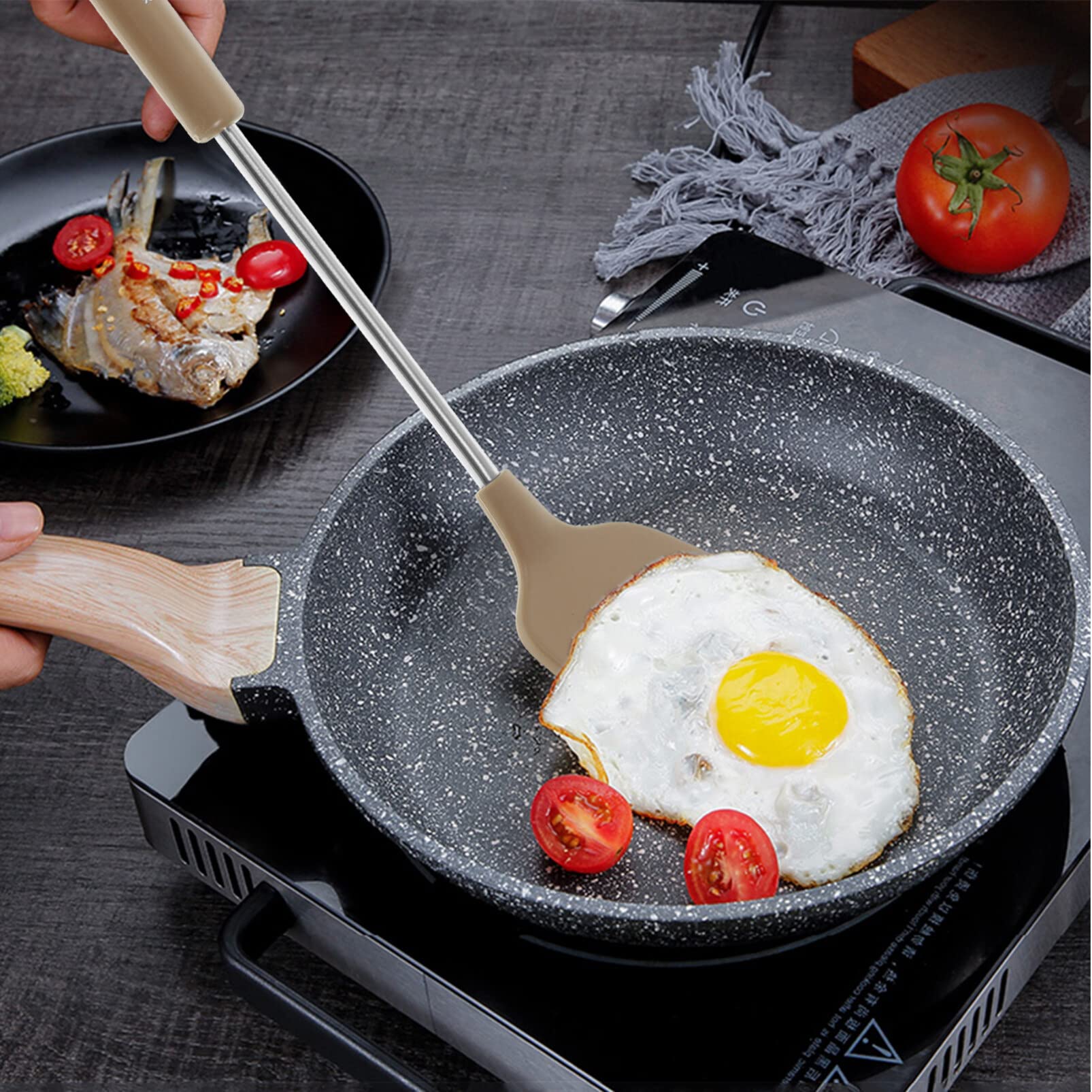 BESTonZON 4-Piece Silicone Kitchen Utensil Set - Heat-Resistant Spatula, Wok Turner, Wide Spoon & Egg Flipper - Non-Slip Grip for Cooking, Baking & Frying - Perfect for Home Chefs & Professional Kitchens