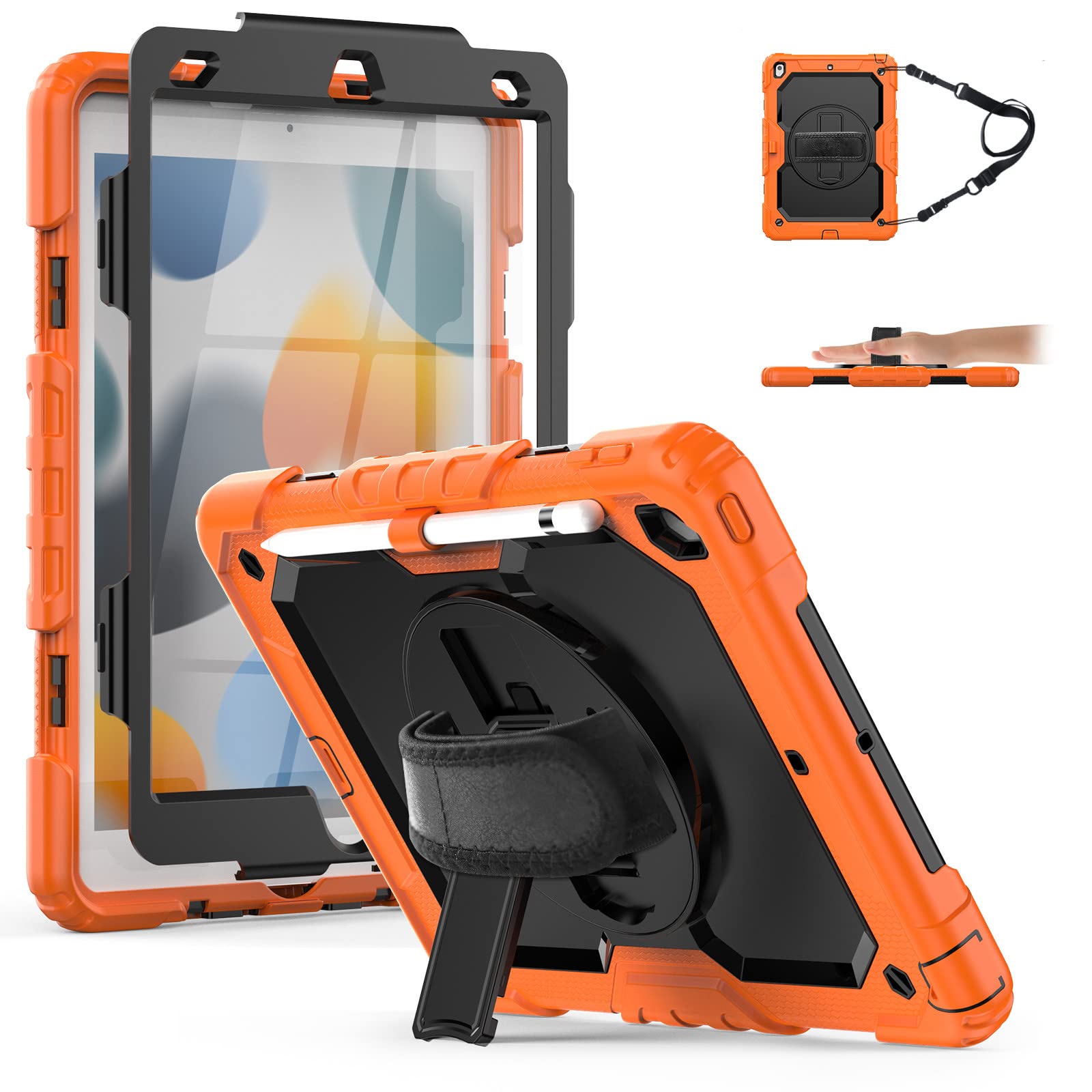 Shockproof Rugged Case for iPad 10.2 Inch (7th/8th/9th Gen) with Screen Protector, Pencil Holder & Kickstand - Durable Protective Cover for Kids Boys Girls - Black & Orange | Perfect for School, Travel & Outdoor Activities