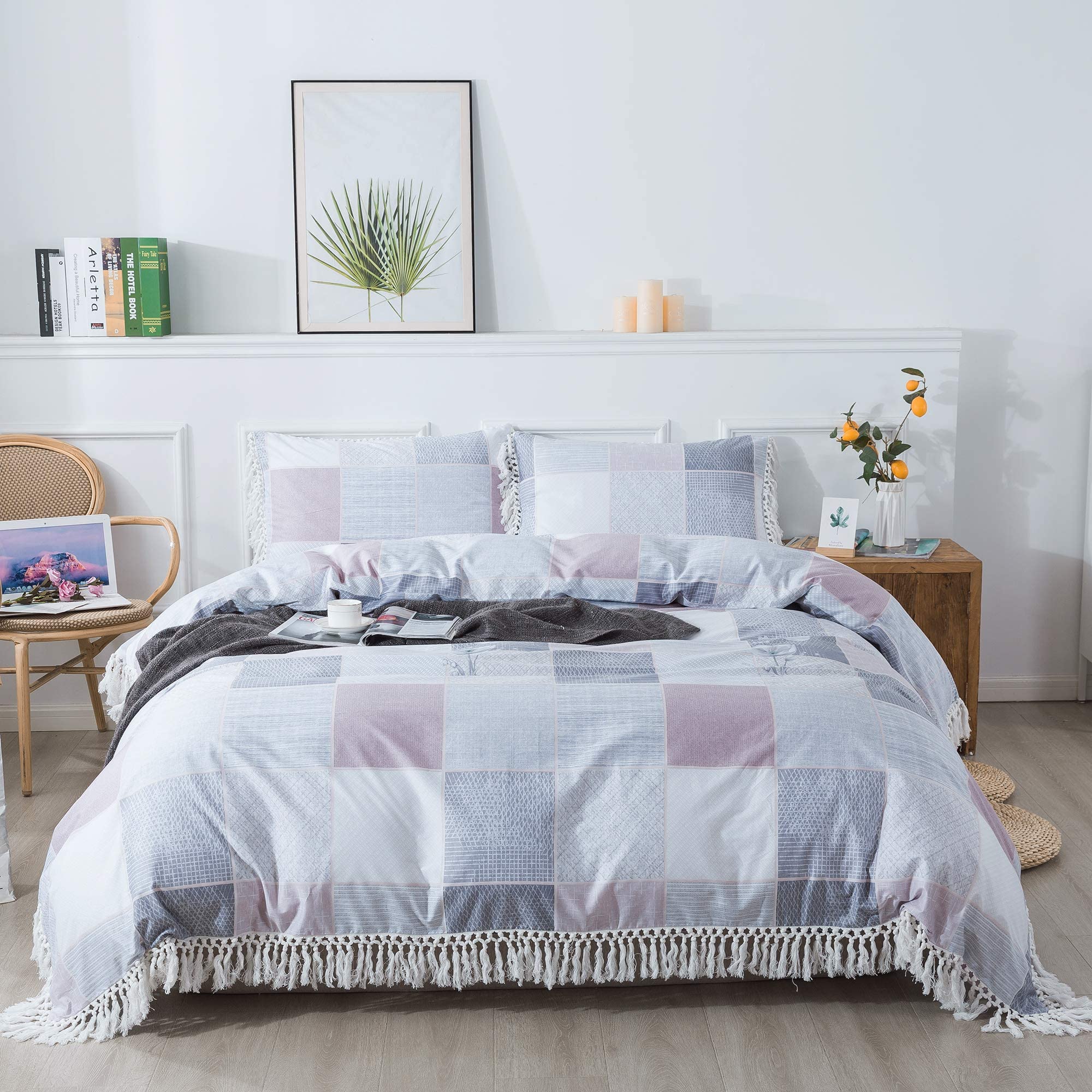 Softta Luxury White Tassel Bedding Set King Size 3Pcs - 100% Cotton Geometric Plaid Duvet Cover with Decorative Tassels | Elegant Bedroom Decor for Master Suite, Guest Room & Vacation Homes