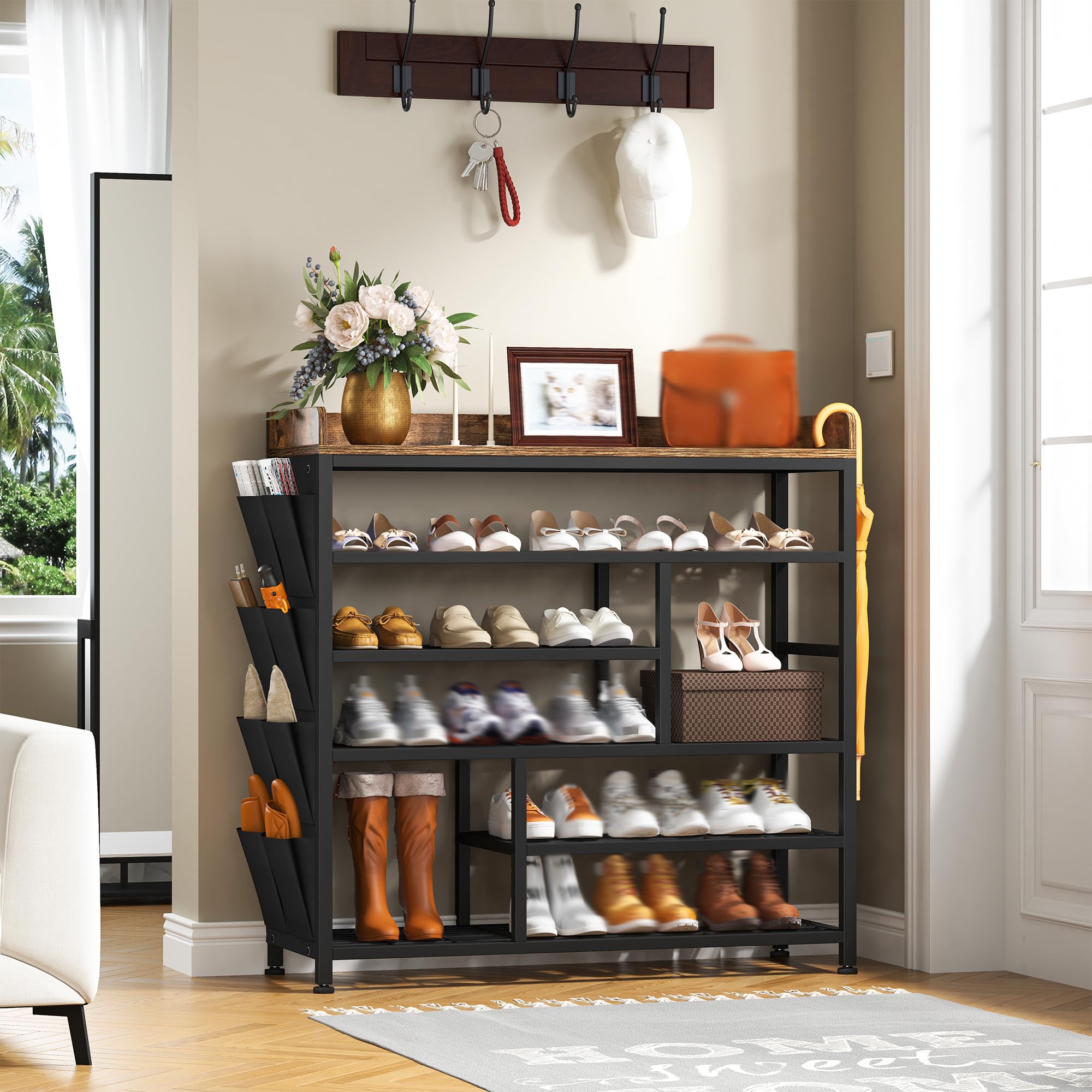 6-Tier Metal Shoe Rack with Wooden Top & Side Pockets - Holds 22 Pairs of Shoes - Space Saving Entryway Organizer for Hallway, Closet or Mudroom Storage - Black