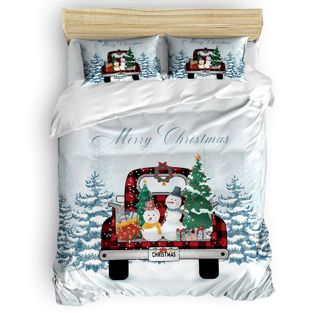 Red Check Truck Christmas Duvet Cover Set Queen Size - 4 Piece Holiday Bedding with Comforter, Flat Sheet & Pillow Covers - Perfect for Winter Home Decor & Cozy Christmas Gatherings