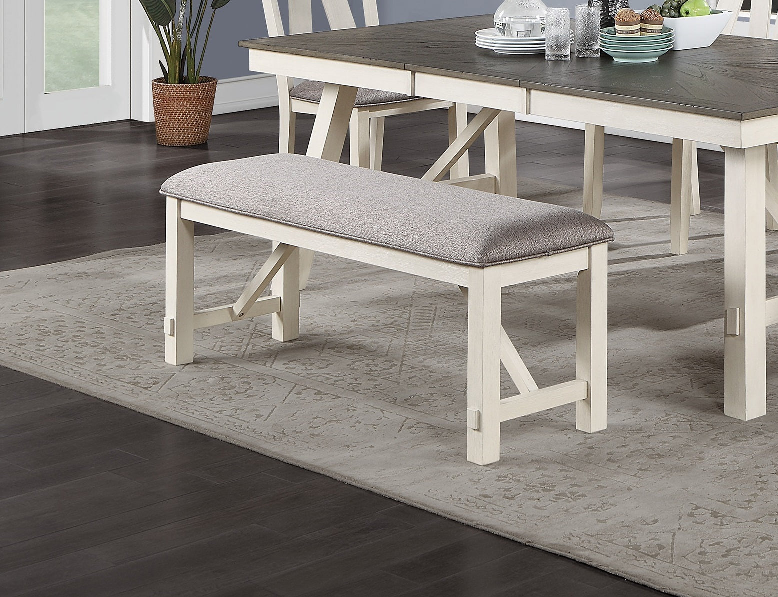 Gray Fabric Cushion Bench with White Clean Lines - Modern Dining Room Furniture for Kitchen, Entryway, and Bedroom Seating