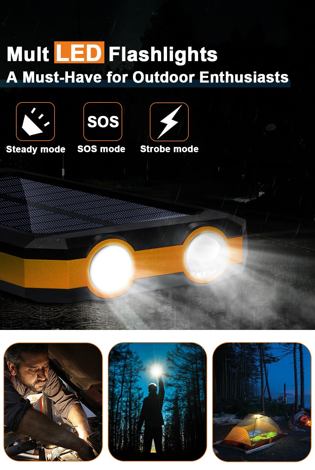 **WONGKUO 36800mAh Solar Power Bank with QC3.0 Fast Charging, LED Flashlight & IP65 Waterproof - Portable Solar Charger for Phones, Tablets, Outdoor Camping, Hiking, and Emergency Power Backup**