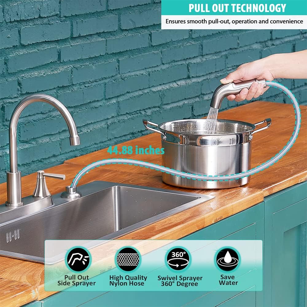 High-Quality Brushed Nickel Stainless Steel Kitchen Faucet with Pull-Out Sprayer - 3-Hole RV Utility Touch Design for Modern Kitchens (Model TDLKF29L) | Perfect for RV, Camper, and Home Kitchen Sink Upgrades