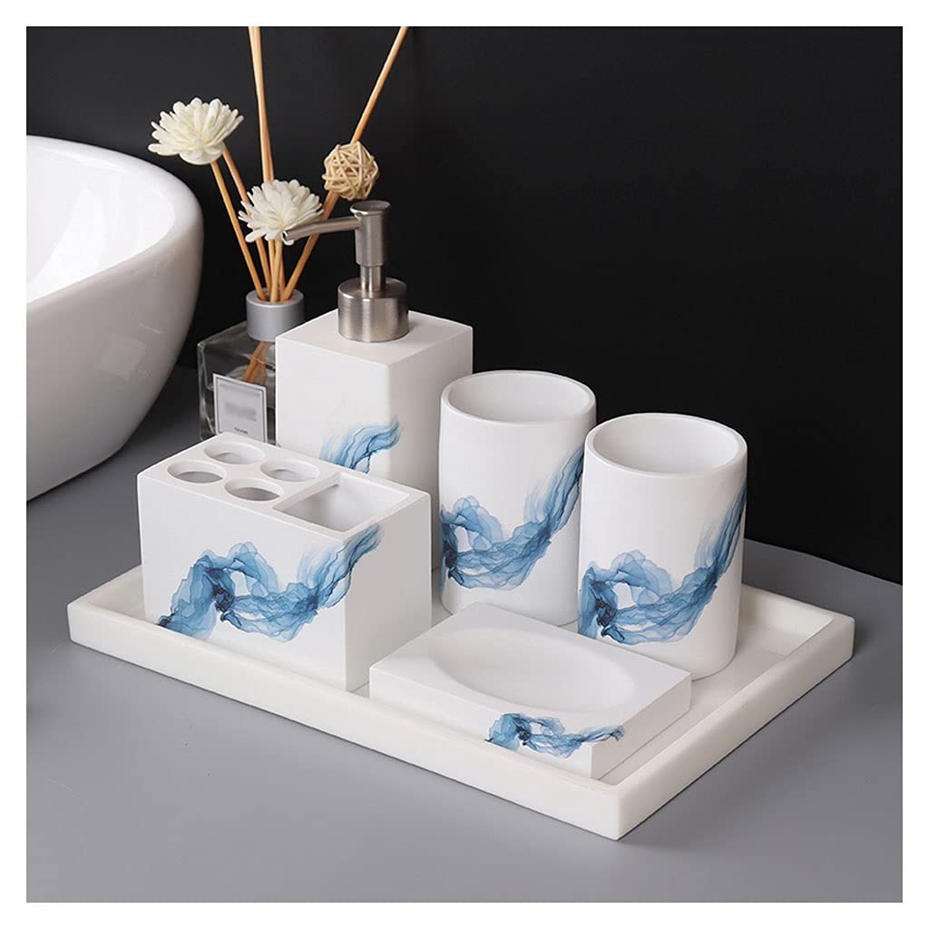 Ceramic White Bathroom Soap Dispenser Set - 6 Piece Complete Bath Accessories with Soap Dispenser, Toothbrush Holder, Tumbler, Soap Dish & Tray | Perfect for Hotel Restrooms, Home Bathroom & Spa Lotion Dispensers