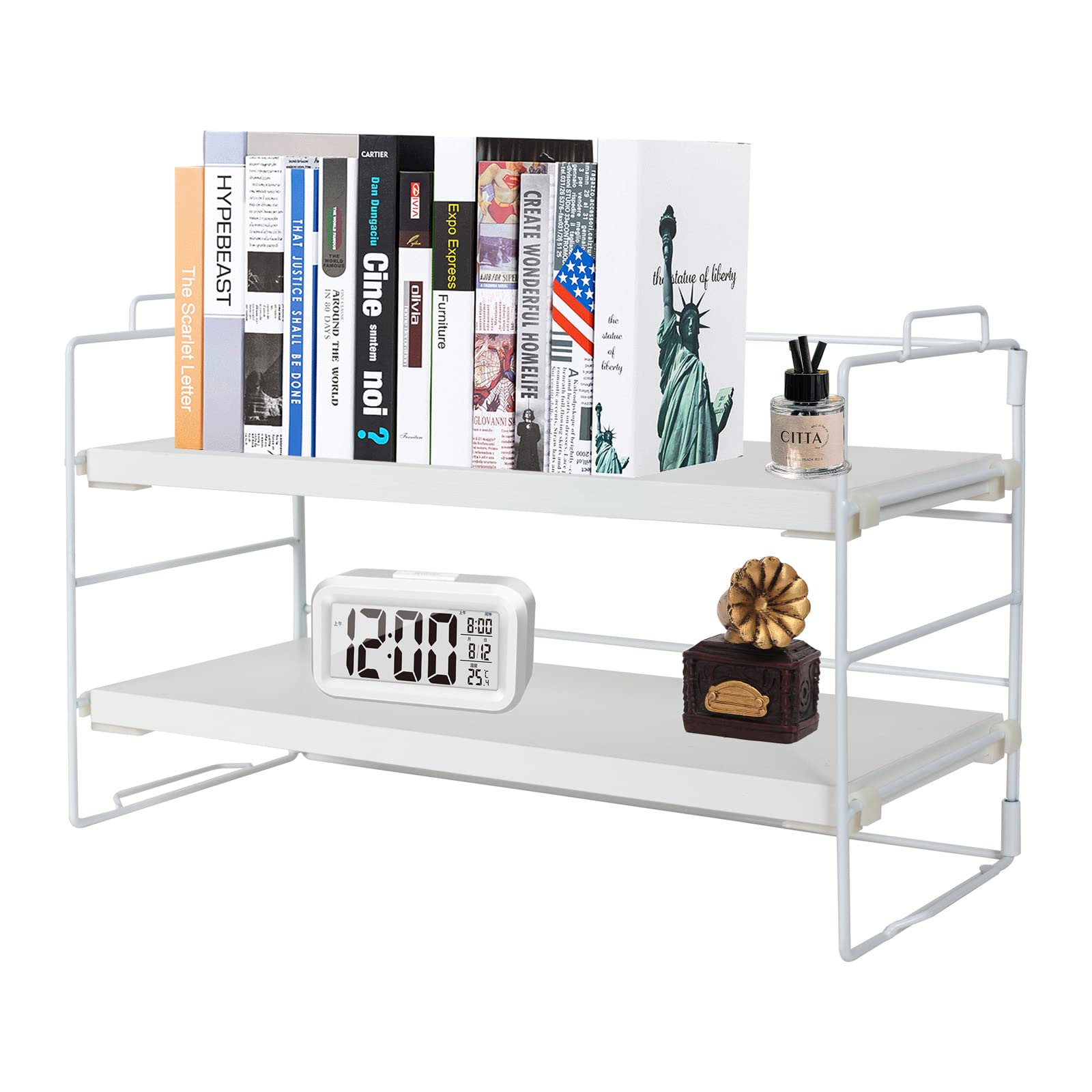 ShellKingdom 2-Tier Adjustable Desk Shelf Organizer - White | Space-Saving Bookshelf & Office Storage Rack for Tabletop, School, Dorm & Workspace Organization | Perfect for Small Spaces & Clutter-Free Desks