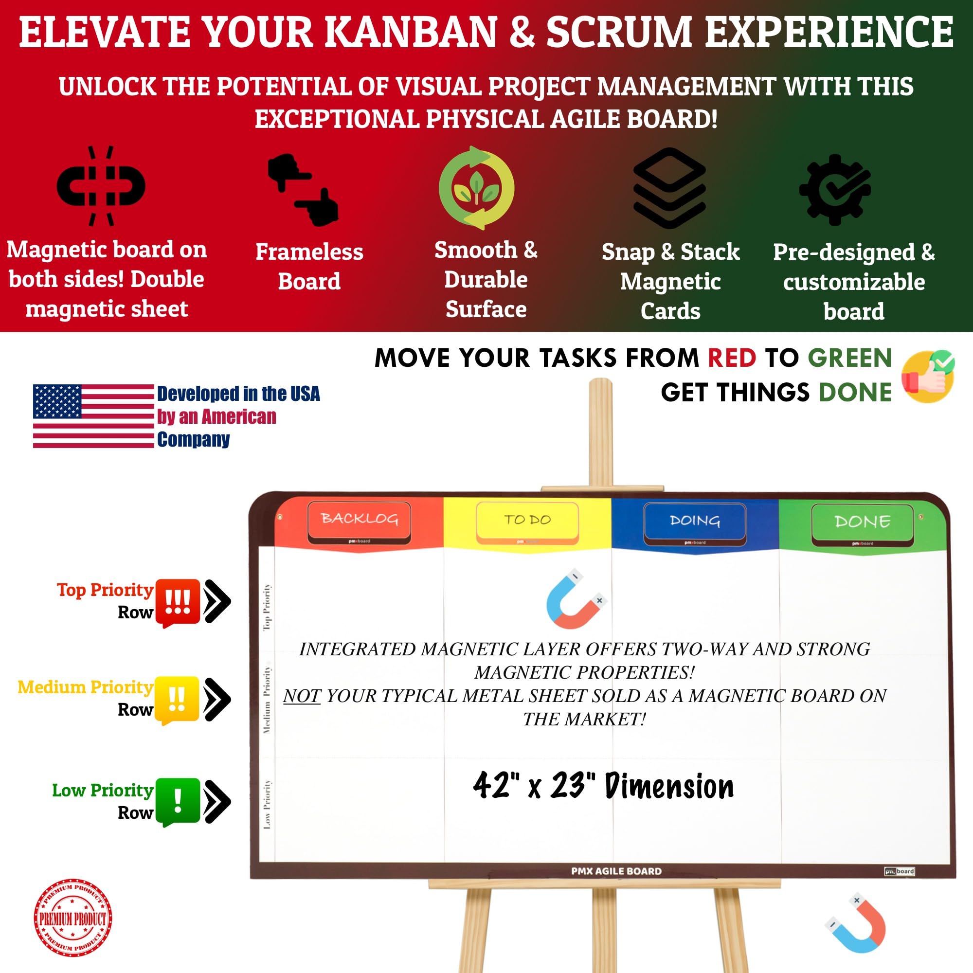 PMXBoard Magnetic Kanban Board - Agile Scrum Lean Project Management Tool for Office, Home & School | Customizable Headlines with Easel Stand | Perfect for Team Collaboration, Remote Work & Classroom Organization