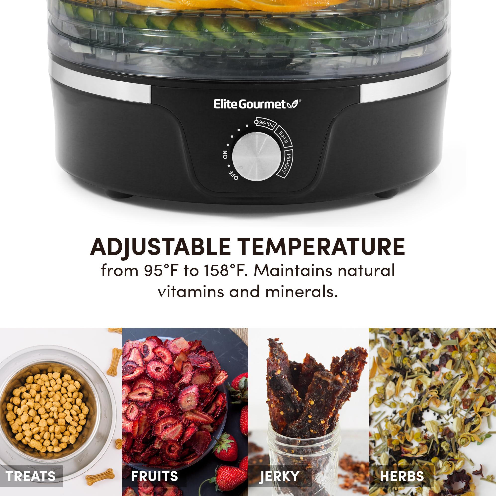 Elite Gourmet EFD319 5-Tray Food Dehydrator with Adjustable Temperature - BPA-Free 11.4