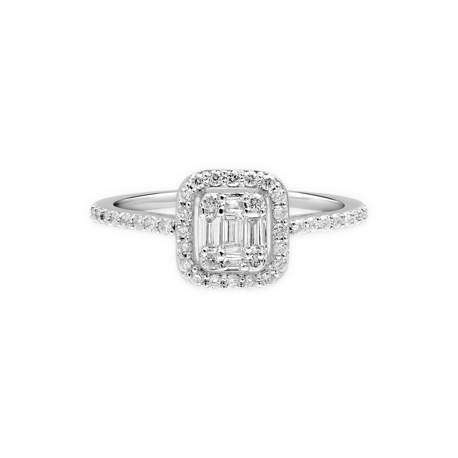 18K White Gold Diamond Baguette Halo Eternity Ring - Elegant Wedding Band, Anniversary Gift for Her, Perfect for Bridal Jewelry & Special Occasions