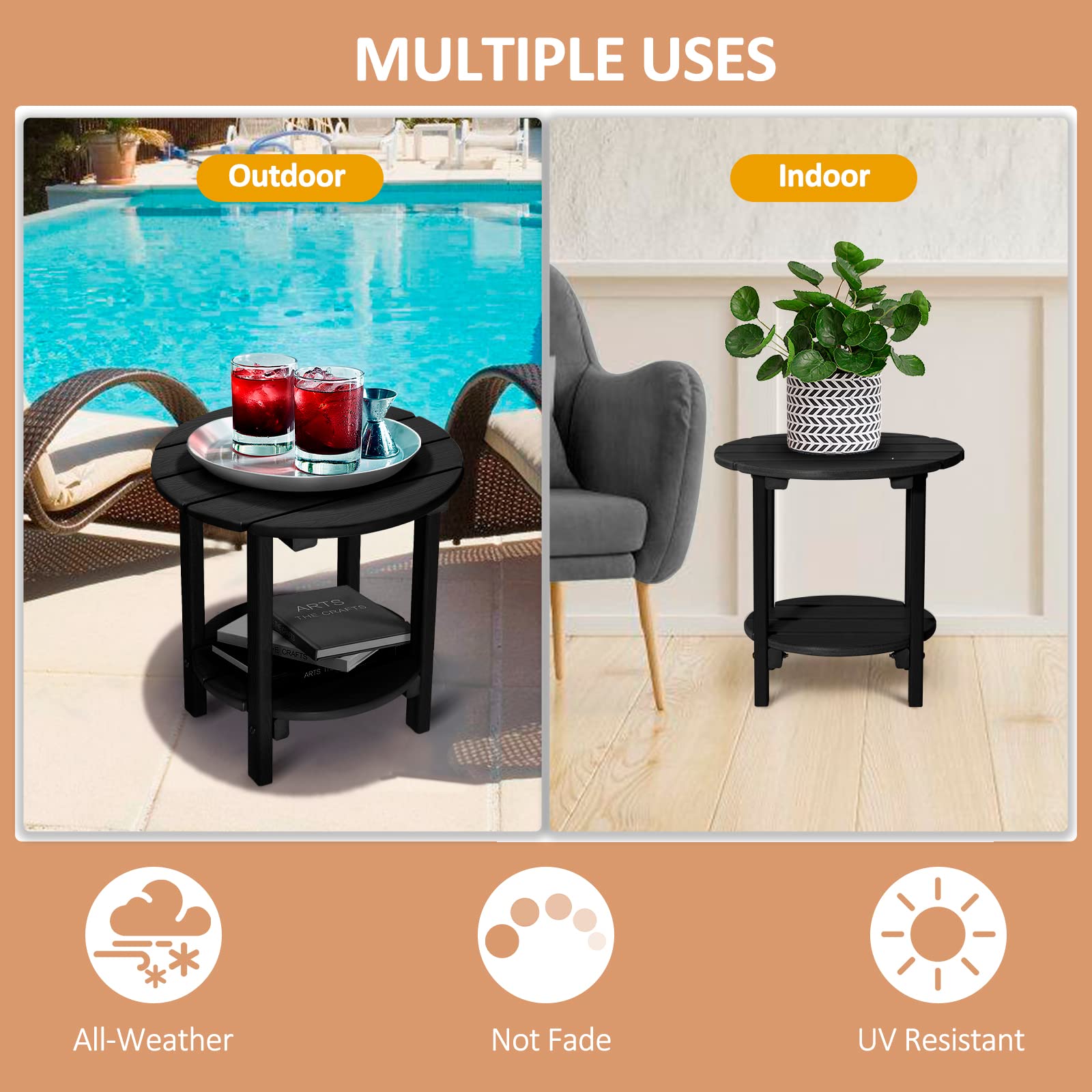 2-Tier Round Outdoor Side Table with Wood-Like Grain - 17.7