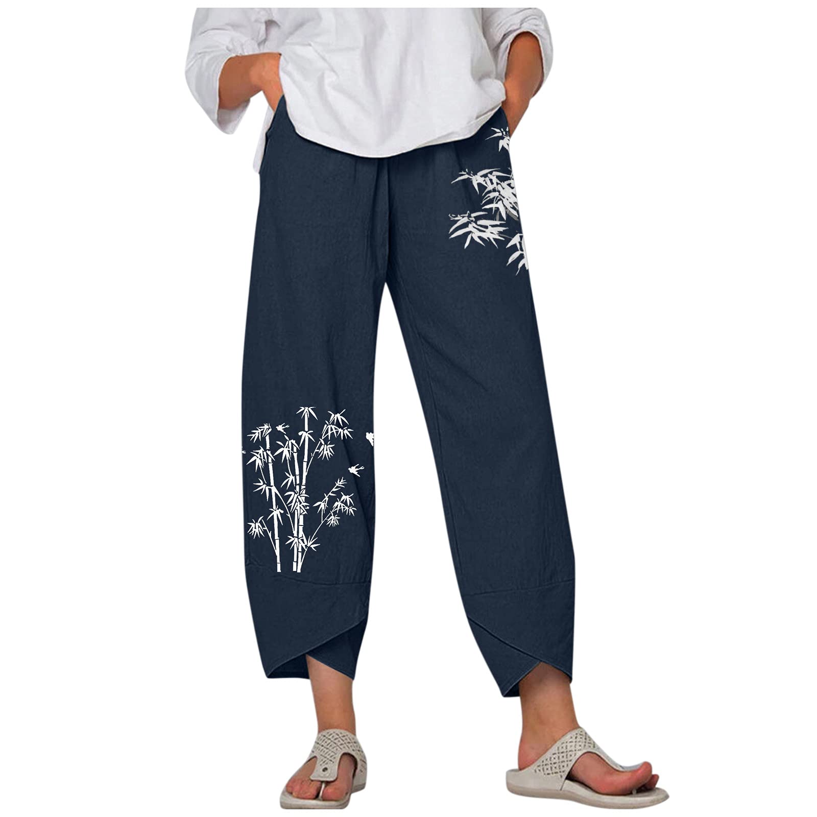 Women's Floral Printed Linen Cropped Wide Leg Pants - High Waisted Loose Fit with Pockets | Summer Casual Wear, Beach Vacation, Boho Outfit for Women