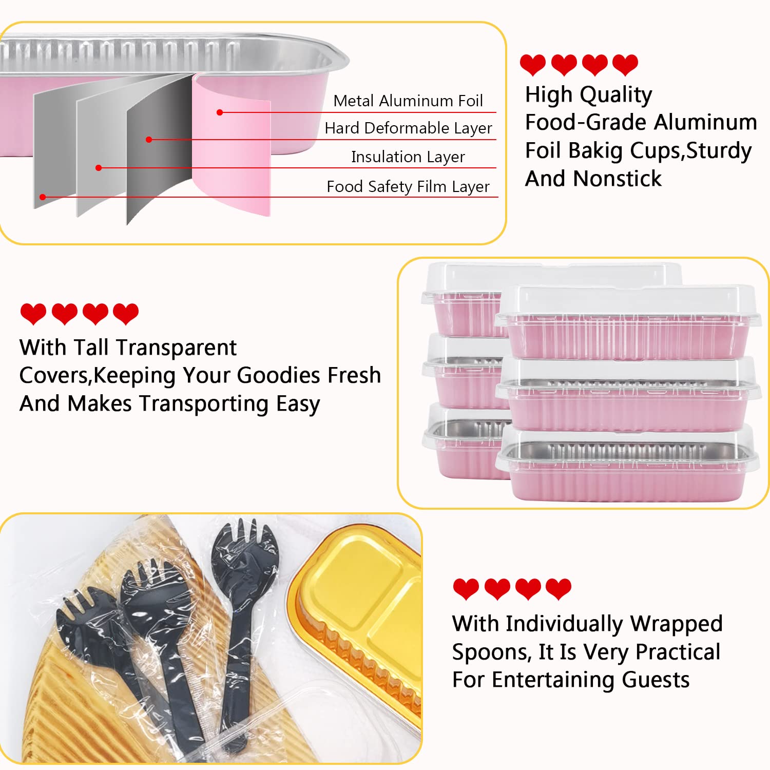 50 Pack Mini Loaf Pans with Lids - 6.8oz Disposable Aluminum Foil Baking Containers for Cakes, Bread & Cupcakes | Perfect for Home Baking, Party Desserts & Meal Prep (Pink)