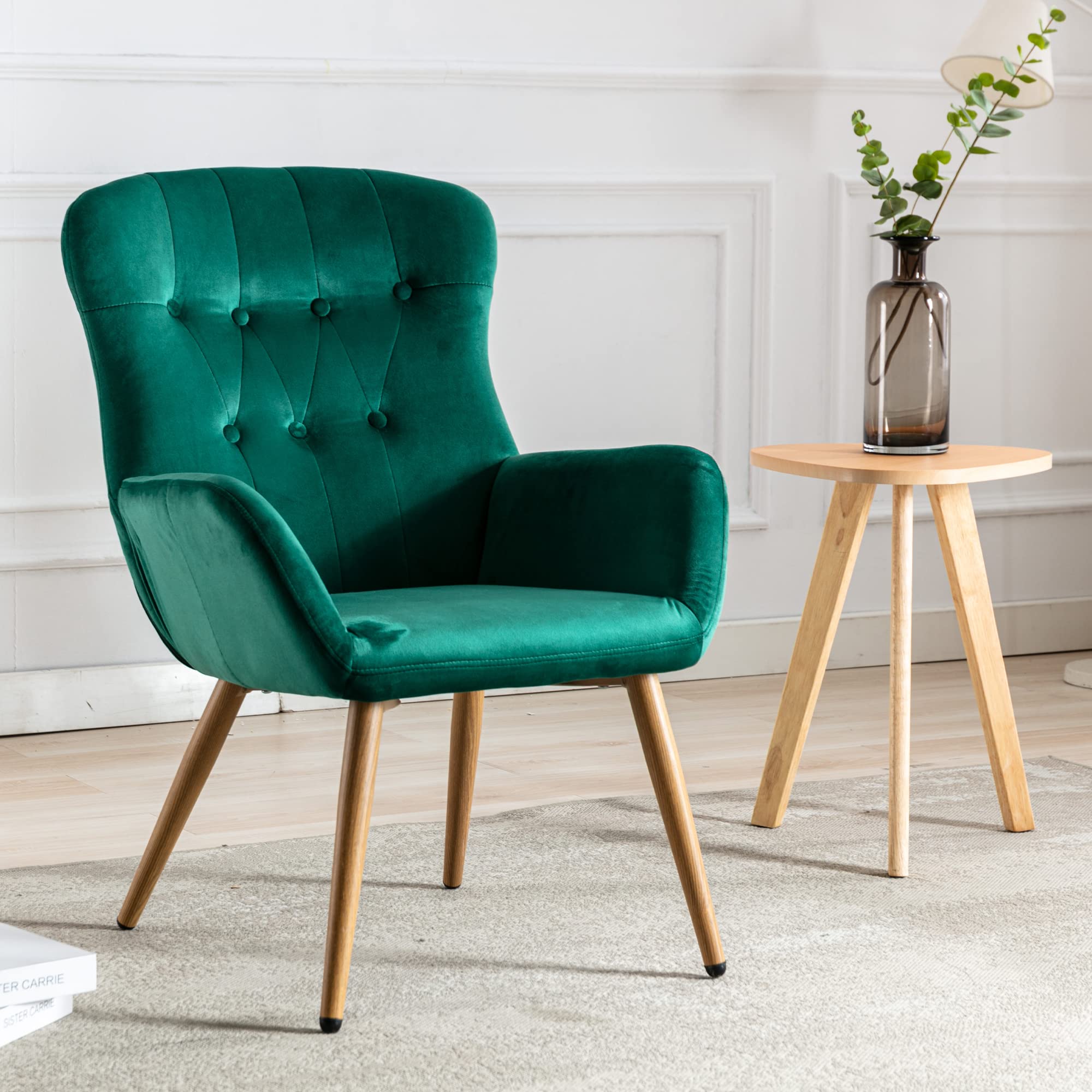 Modern Tufted Button Wingback Accent Chair with Arms & Upholstered Tall Back - Metal Legs Desk Vanity Chair for Living Room, Bedroom, Waiting Room (Green) - Perfect for Home Office, Reading Nook & Guest Seating