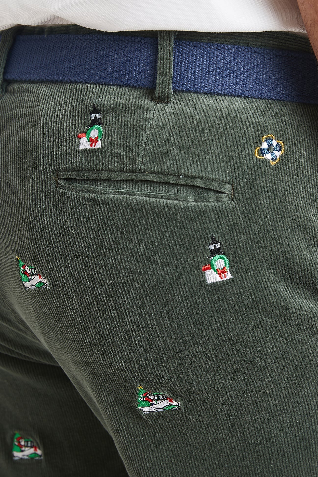 Beachcomber Corduroy Pants for Women - Olive Green Casual Trousers with Santa Boat & Lighthouse Print | Perfect for Beach Outings, Fall Fashion, and Holiday Gatherings