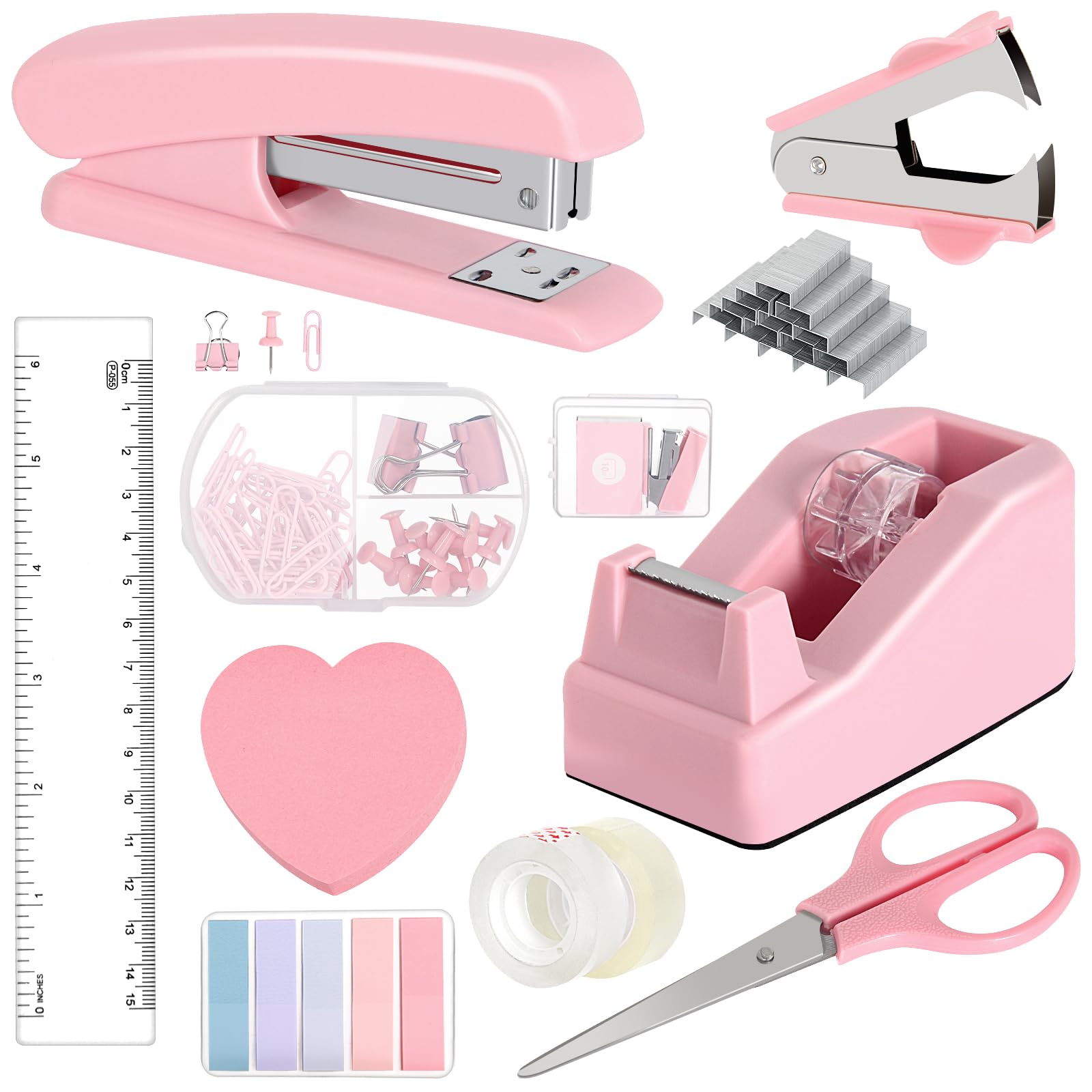 Pink Office Desk Accessories Set for Women - Cute Stapler, Mini Stapler, Staple Remover, Tape, Paper Clips, Scissors & Tabs | Perfect Desk Organizer for Home Office, School & Workstation | Back to School Supplies & Gift Idea for Students