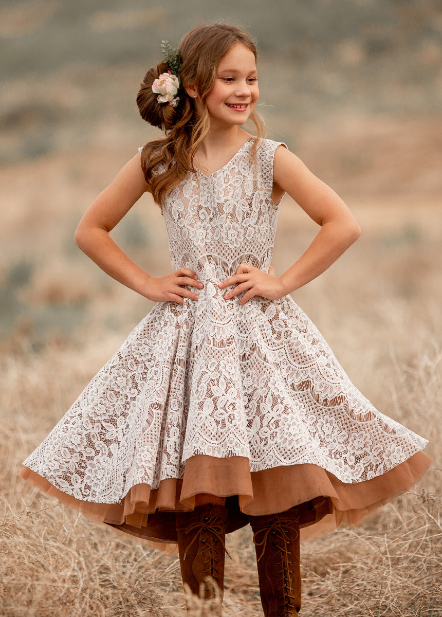 Lezah Flower Girl Dress in Chai - Elegant Lace Tea-Length Dress for Weddings & Special Occasions