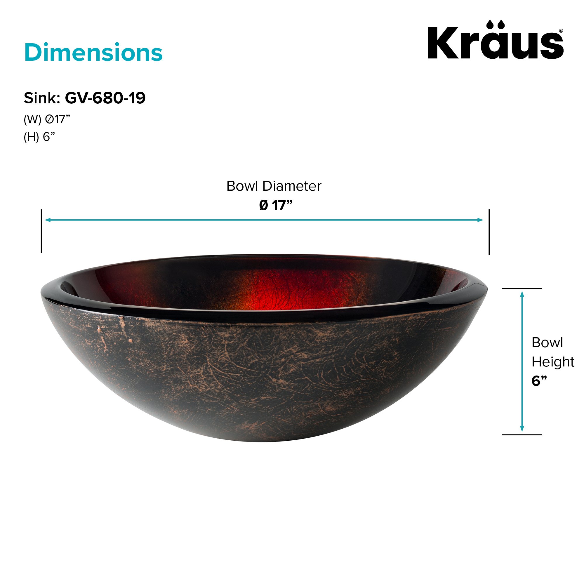 KRAUS 17-Inch Round Glass Vessel Bathroom Sink in Red, Black & Gold - Modern Vanity Basin for Bathroom Remodel & Luxury Home Decor (Model GV-680)