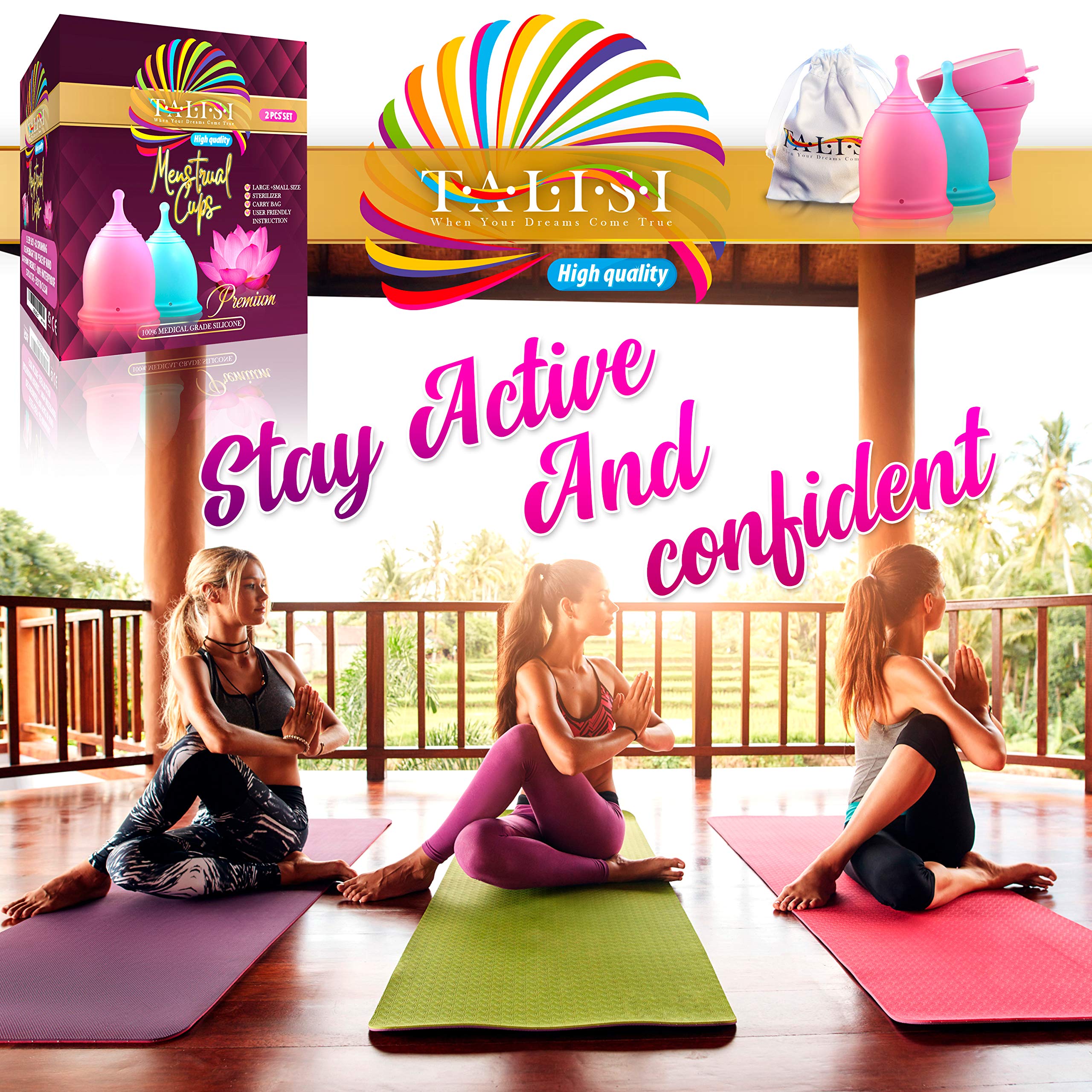 **Talisi Reusable Menstrual Cups Set of 2 - Soft Silicone Foldable Period Cup for Women | Tampon & Pad Alternative | Heavy & Regular Flow | Includes Sterilizing Cup | Ideal for Travel, Gym & Active Lifestyle**