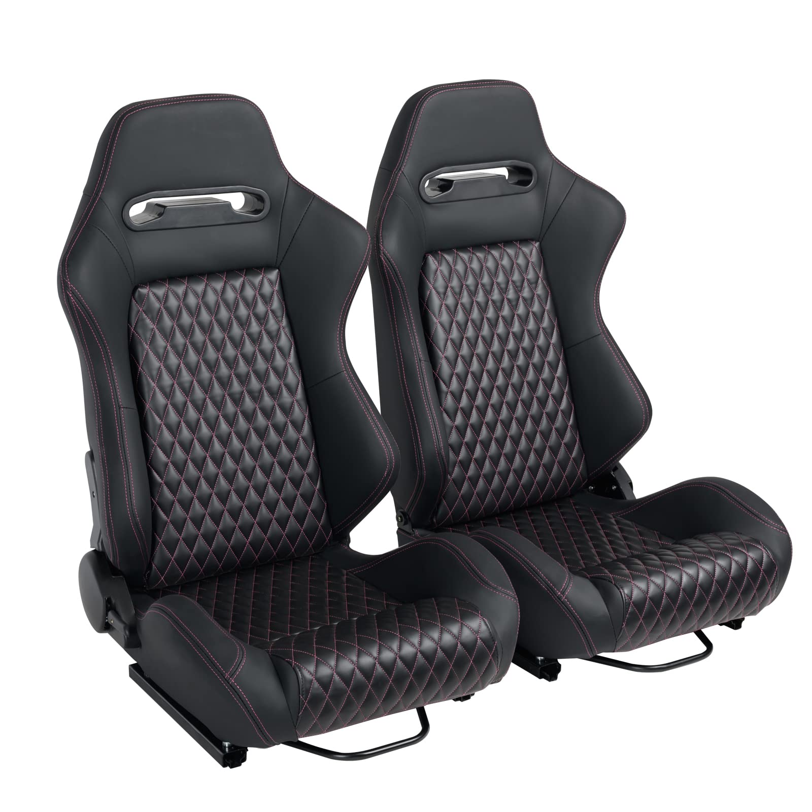 WIILAYOK Racing Seats - 1 Pair Universal Bucket Seats with Dual Lock Sliders for Front/Back Adjustment, PVC Leather Car Racing Seats (Black & Pink Stitching) - Perfect for Sports Cars, Drifting, Gaming Simulators & Racing Enthusiasts