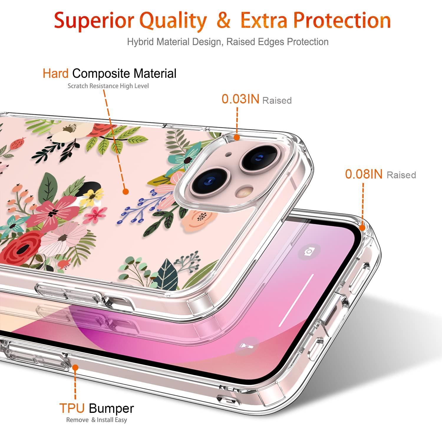 GiiKa iPhone 13 Case with Screen Protector - Clear Full Body Protective Floral Design Shockproof Hard Case with TPU Bumper Cover for Women & Girls | Perfect for Everyday Use, Work, School & Travel